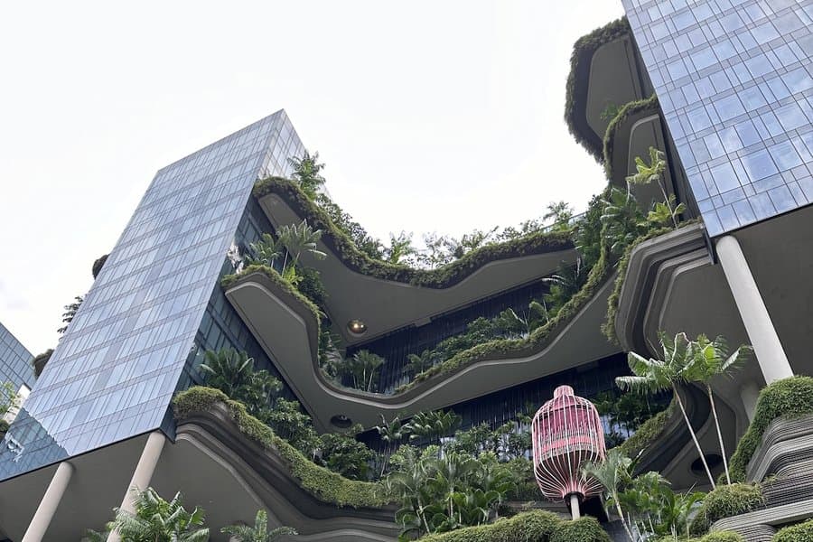 Modern building facade with hanging gardens