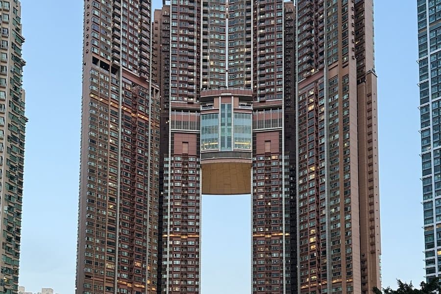 Twin residential towers connected by a sky bridge